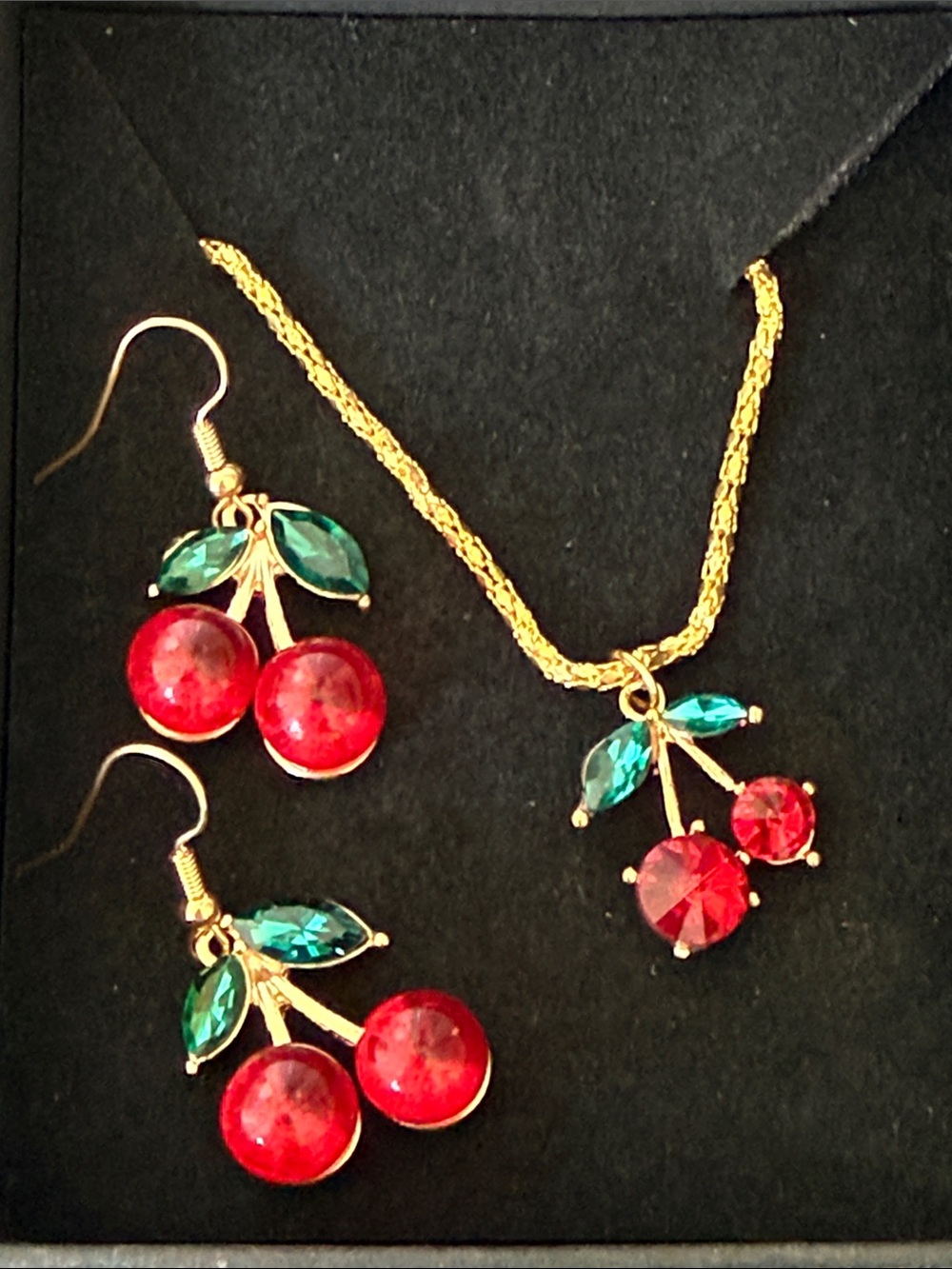 Gold Elegant Cherry Necklace & Cherry Earring Set 3pc Set Green Leaf Accent NWT